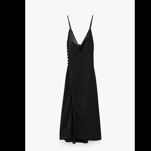 Zara satin, cowl neck black dress with slit